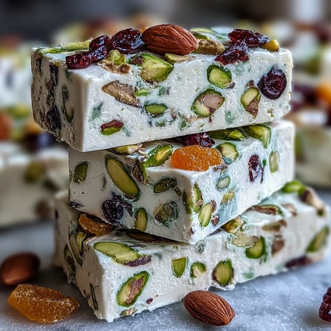 A tray of homemade pistachio nougat candy, studded with vibrant dried fruits and nuts, perfect for gifting or festive snacking.  