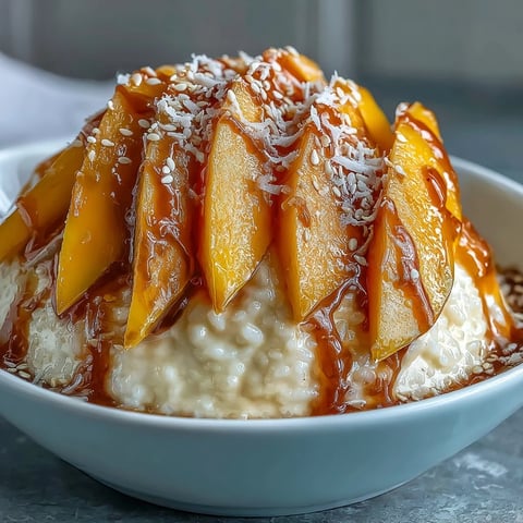 A bowl of fragrant mango sticky rice with ripe mango slices and a drizzle of creamy coconut sauce.