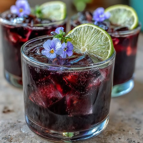 A vibrant black currant gin cocktail with rich purple hue, fresh lime, and floral garnish served over ice.  