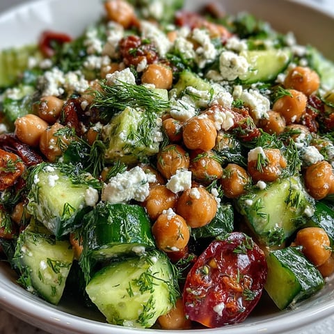 Easy Chickpea Cucumber Salad with Feta and Tomatoes in a white bowl, showcasing vibrant colors of fresh vegetables, creamy feta, and herbs.  