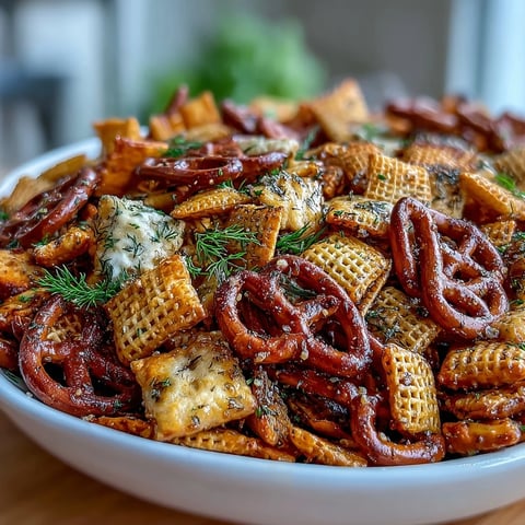 Crispy Dill Pickle Chex Mix with pretzels and bagel chips, coated in tangy dill seasoning for a zesty snack.  