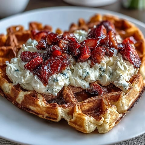 Heart-shaped waffles topped with creamy cottage cheese whip and fresh strawberries, perfect for a romantic breakfast or brunch.