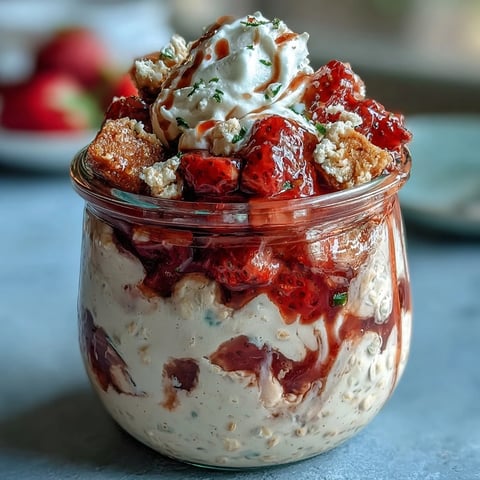 Creamy overnight oats with fresh strawberries and vanilla, inspired by classic strawberry shortcake—ideal for a quick, healthy breakfast.