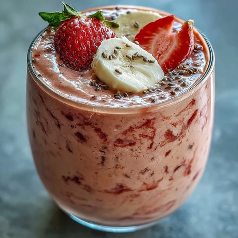 A creamy strawberry banana protein smoothie topped with chia seeds for a boost of nutrition and flavor.