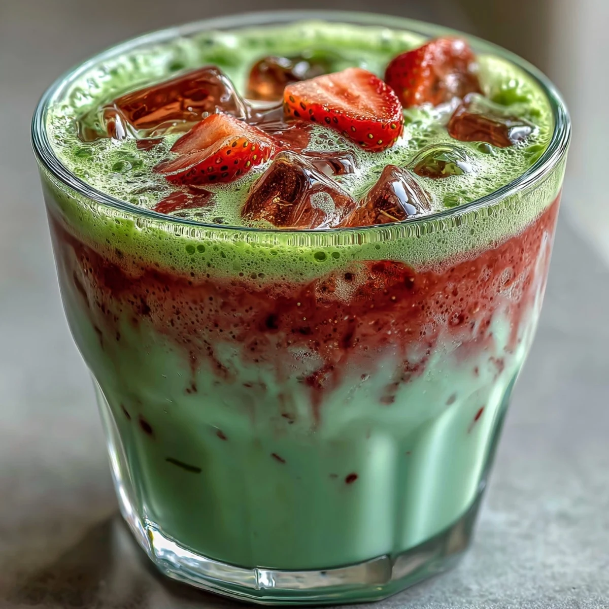 Vibrant strawberry matcha iced latte with oat milk, featuring sweet berry puree and earthy green tea in creamy layers.