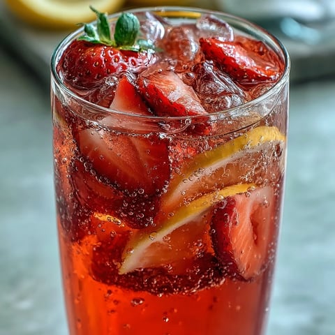 Vibrant strawberry lemonade mocktail with sparkling water, garnished with fresh strawberries and lemon slices in a clear glass pitcher.