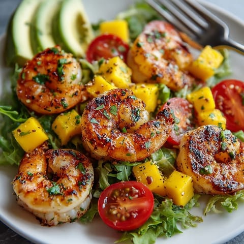 Tangy Grilled Shrimp Mango Salad with cilantro-lime dressing, ready to be served.