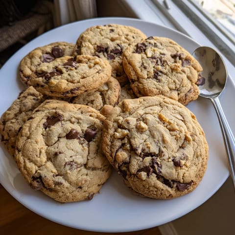 Homemade chocolate chip cookies on a cooling rack, buttery aroma fills the sunny kitchen.