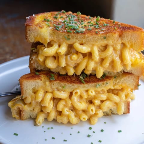 Stacked Mac and Cheese Stuffed French Toast, savory custard soaked, ready to eat.