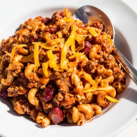 Comforting one-pot chili mac simmering with turkey and beans for family meals.  