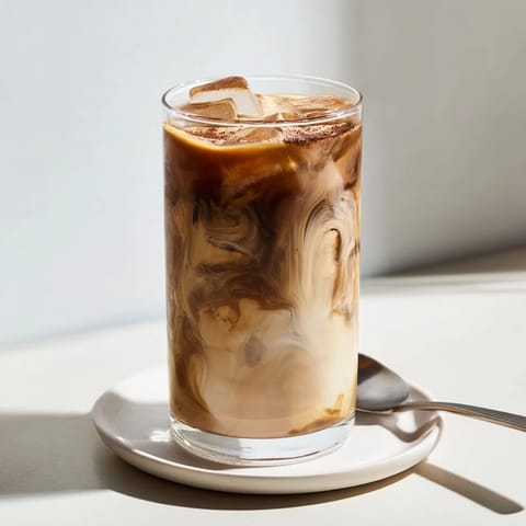 Creamy tahini iced coffee topped with almond milk, perfect for hot days.  