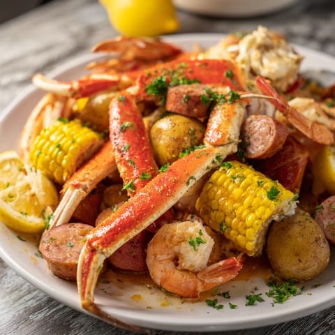 Colorful platter of Southern seafood boil with juicy crab, spicy sausage, and corn.  