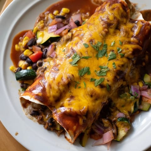 Homemade Farmers Market Vegetarian Enchiladas, showcasing tender veggies and a rich, red enchilada sauce.