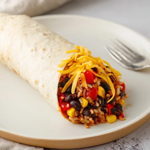 A close-up of a perfectly rolled Freezer-Friendly Burrito, with cheese oozing from its warm, hearty filling.