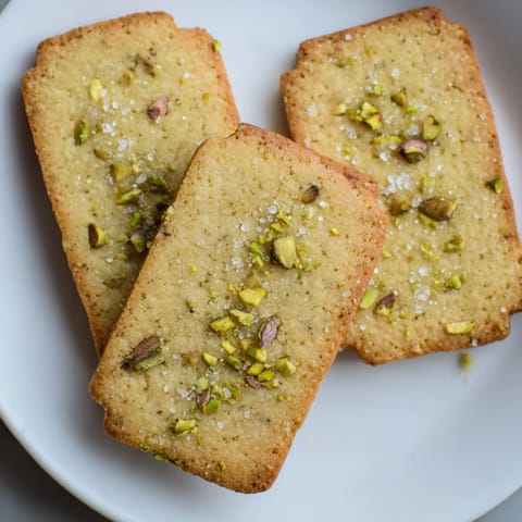 Buttery, crumbly texture of Salted Pistachio Slice & Bake Shortbread, studded with green pistachios.