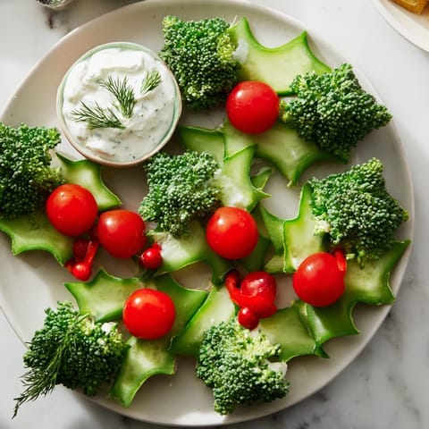 Festive Holly Leaf Veggie Board: a holiday-themed platter with fresh, colorful vegetables and creamy dip.