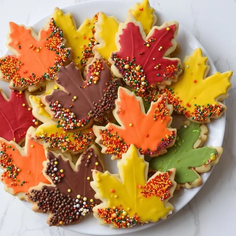 Festive image of maple leaf cookies, iced with fall colors, sprinkled, and ready for dessert.