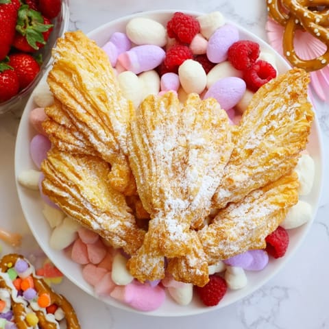 Dusty powdered sugar coats these crispy Polish angel wings, surrounded by vibrant candies and fresh fruit.