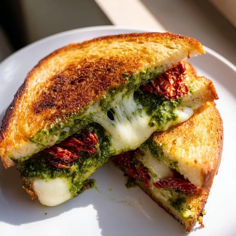 A close-up of a richly flavored, oozing pesto grilled cheese sandwich, ready to enjoy.