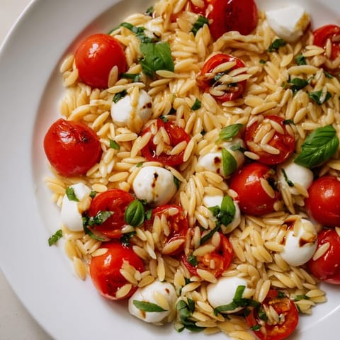 This Caprese Orzo Salad showcases chilled orzo with colorful tomatoes and creamy mozzarella drizzled with vinaigrette.