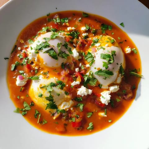 A close-up shot of rich Israeli Shakshuka Eggs, golden yolk dripping into the savory sauce, ready to serve.