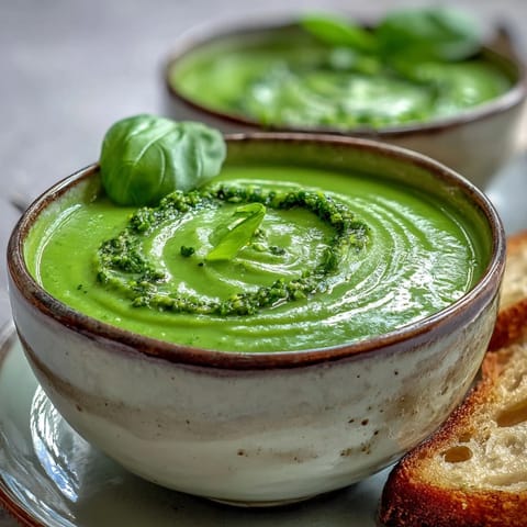 Creamy Courgette, Pea and Pesto Soup topped with fresh basil and served with crusty bread.