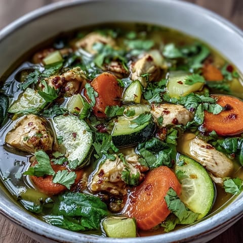 A vibrant bowl of Turmeric Chicken Soup with golden broth, zucchini slices, and wilted spinach.