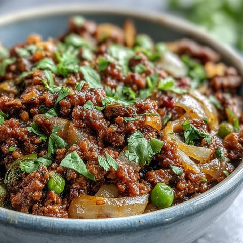 A close-up of rich Venison Keema Curry, served alongside fluffy basmati rice and a warm naan bread.  