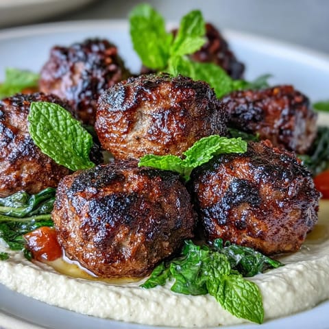 Golden-brown venison meatballs with warming spices rest next to a vibrant salad and creamy hummus on a rustic plate.