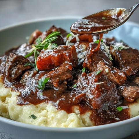 A close-up of Venison Stew with Sloe Gin and Polenta highlights glossy meat and herbs beside buttery, soft polenta.