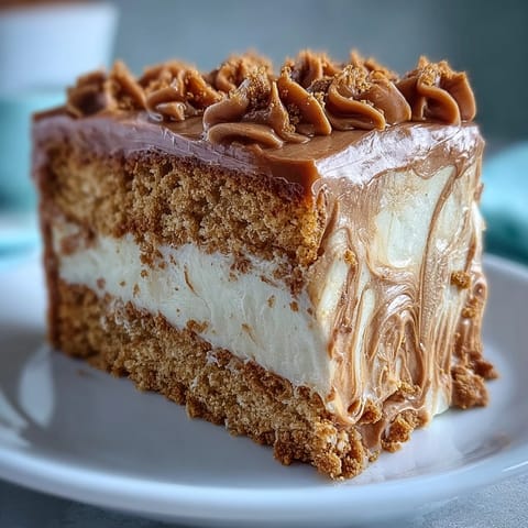 A perfectly frosted Decadent Baked Biscoff Cake with Creamy Lotus Frosting sits on a marble counter, garnished with crunchy cookie crumbles.