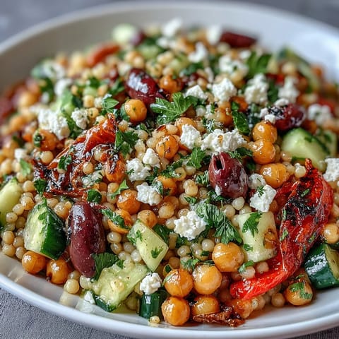 Colorful Mediterranean Pearl Couscous salad with a zesty oregano vinaigrette, served in a white bowl and garnished with fresh parsley for a bright, Mediterranean-inspired lunch.