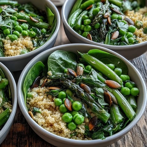 Spring Green Bowl close-up on a marble counter, fresh spinach and bright vegetables layered over grains, finished with a zesty lemon vinaigrette and herbs.