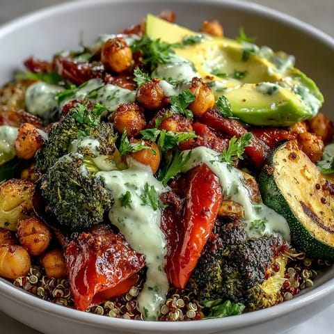 Close-up of a vegetable and legume bowl featuring quinoa, roasted broccoli, chickpeas, and tahini drizzle.  