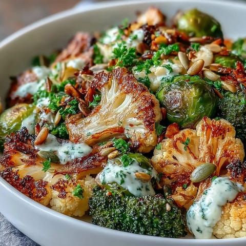 Hearty Roasted Brassica Bowl featuring golden Brussels sprouts over quinoa with fresh parsley garnish.