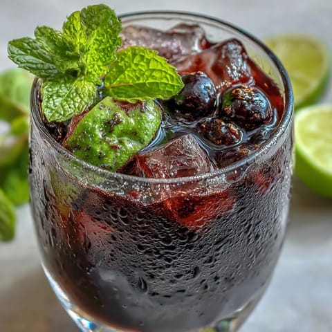 Homemade blackcurrant syrup being poured into a glass for Tangy Blackcurrant Mojito, swirling into white rum for a tart, fruity cocktail.
