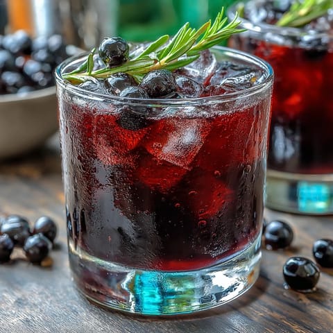 A chilled rocks glass holds the deep purple Black Currant Rosemary Cocktail, garnished with a fresh herb sprig and lemon twist.