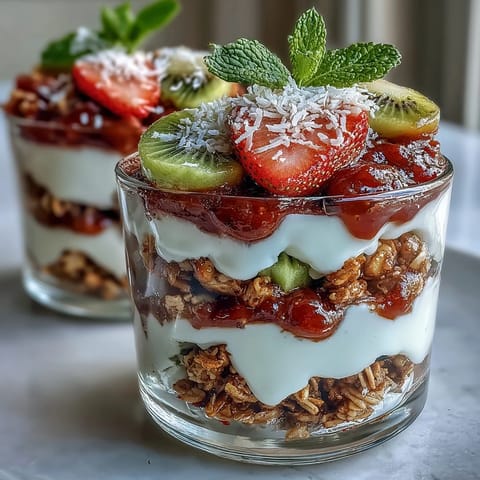 Crisp granola layered with sweet guava preserves and creamy Greek yogurt in a clear glass.