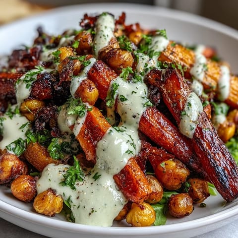 Creamy lemon-tahini dressing being drizzled over the warm One-Pan Roasted Carrot and Chickpea Bowl with herbs.