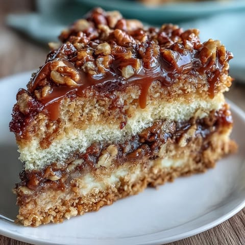 Perfectly baked Christmas Toffee Crunch Cake layers beside a slice with rich caramel notes.