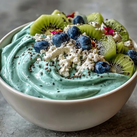 Artfully arranged Whimsical Healthy Mermaid Smoothie Bowl featuring edible flowers and hemp seeds on a blue base.