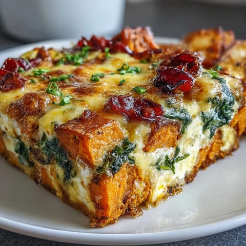 Savory Easy Sweet Potato Egg Casserole served warm for breakfast alongside fresh arugula salad.