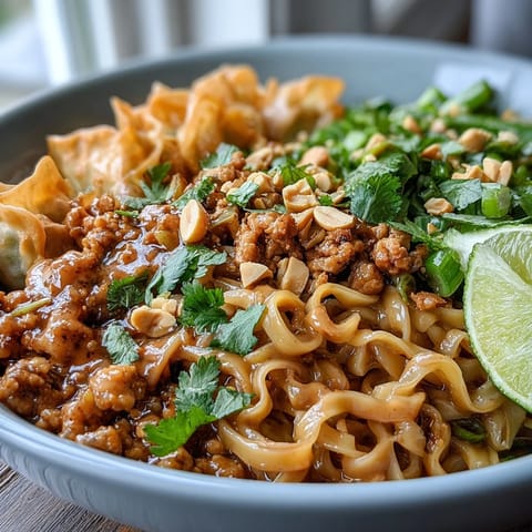A close-up view of Creamy Thai-Inspired Peanut Noodle Bowls featuring sautéed vegetables, ground chicken, and crispy noodles tossed in rich peanut sauce.