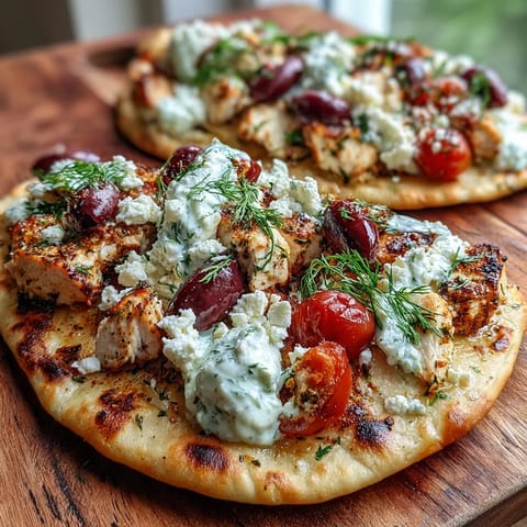 Bright lemon-marinated chicken, crumbled feta, and red onion slices top a crispy naan base, garnished with a cooling tzatziki drizzle and fresh herbs.