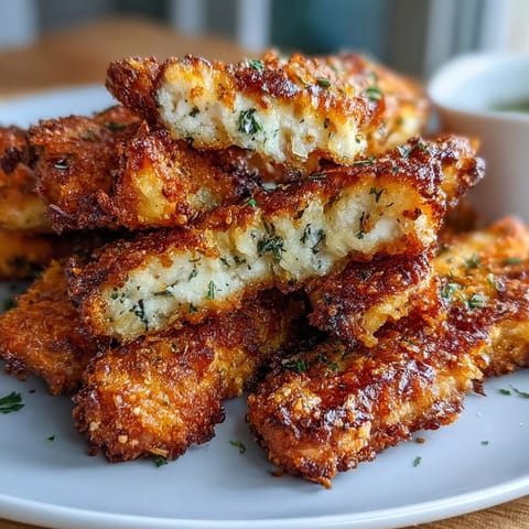 Golden brown Crispy Baked Chicken Parmesan Fries arranged on a rustic platter with a side of warm marinara sauce for dipping.