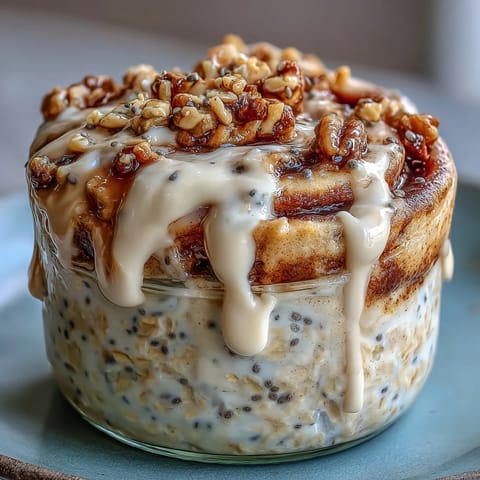 A bowl of High-Protein Cinnamon Roll Overnight Oats topped with sweet cream cheese drizzle and extra cinnamon.