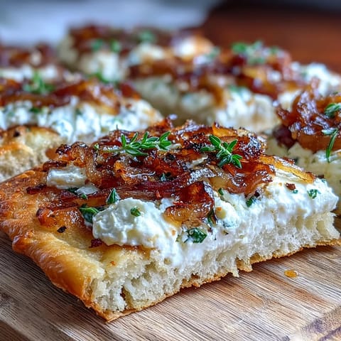Golden-brown flatbread topped with creamy goat cheese, sweet caramelized onions, honey drizzle, and red chili flakes.