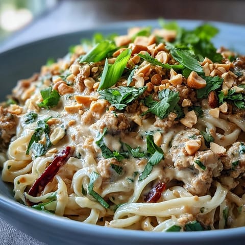 Creamy Thai-Inspired Peanut Noodle Bowls served in a white bowl with fresh cilantro, chopped peanuts, and lime wedges, highlighting the rich, savory sauce.