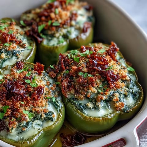 Golden Vegan Spinach and Artichoke Stuffed Peppers topped with crispy breadcrumbs, resting on a white plate next to a green salad. 