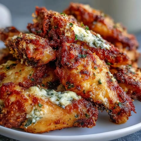Freshly baked Keto Garlic Parmesan Baked Chicken wings rest on a wire rack, showcasing golden, crispy skin and flecks of green parsley.